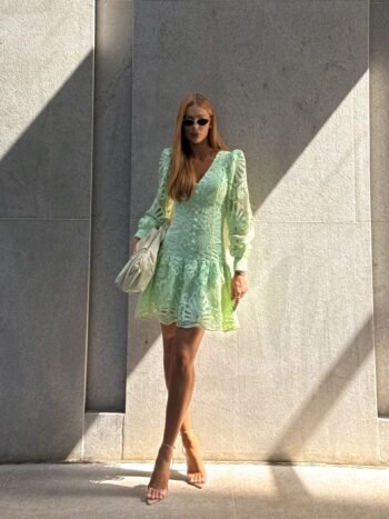 Vestido Curto de Renda Guipir Verde Menta Blanca