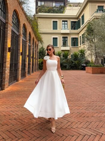 Vestido Midi em Crepe Off White Fresh Essenza