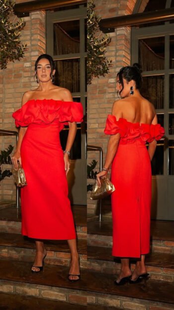 Vestido Midi Sem Alça Detalhe Bufante no Busto Vermelho