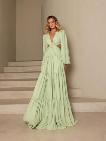 Maxi Vestido chiffon com mangas e vasado na cintura