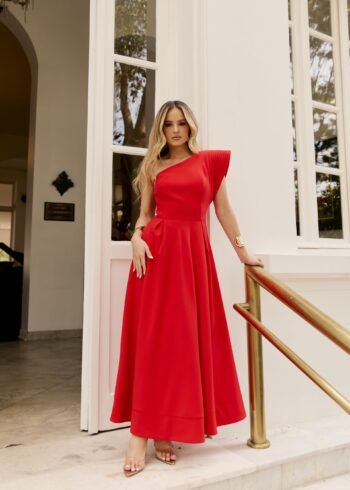 Vestido Midi um Ombro Pespontado Vermelho