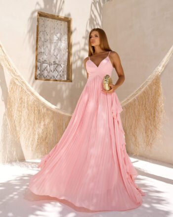 Vestido Longo Plissado Rosa