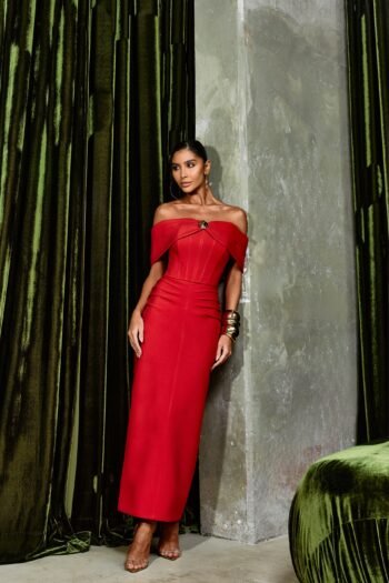 Vestido mídi ombro a ombro Vermelho