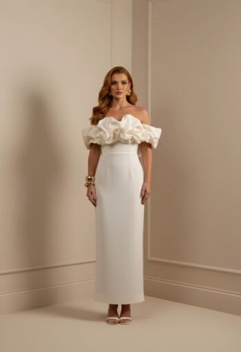 Vestido Midi Sem Alça Detalhe Bufante no Busto Off