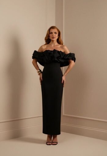 Vestido Midi Sem Alça Detalhe Bufante no Busto Preto