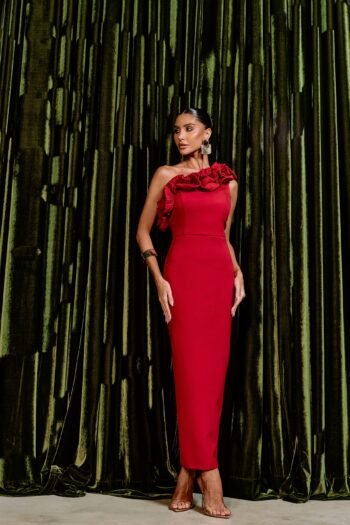 Vestido Mídi Ombro só Babado Com Plissado