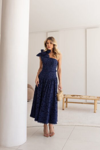 Vestido Midi Azul Marinho em Renda com Flor Artesanal Sardenha