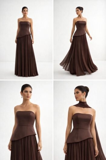 Vestido Longo Plissado Marrom