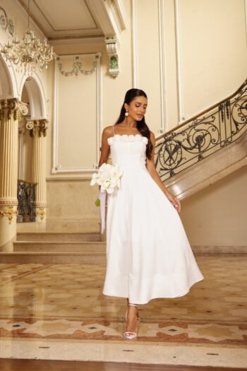 Vestido Midi de Crepe Off White Serafina