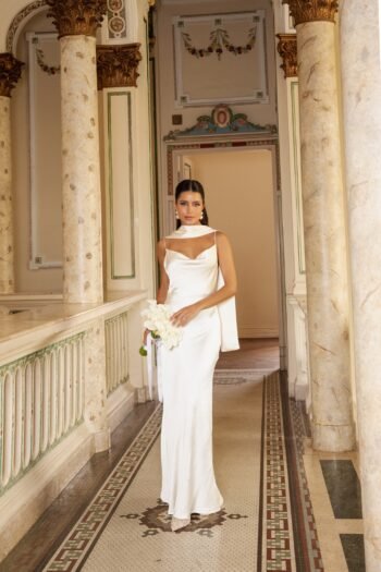 Vestido Longo de Cetim Off White Chiara - Foto 6