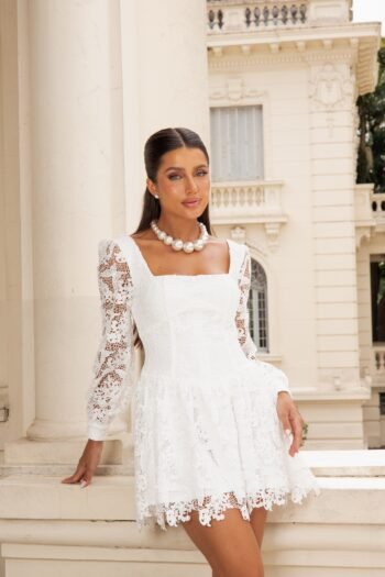 Vestido Curto de Guipir Off White Camille