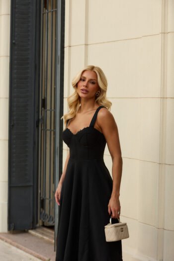 Vestido Midi Preto de Crepe e Renda Ravena - Foto 2