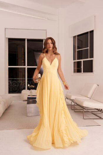 Vestido Longo Amarelo Plissado