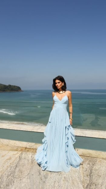 Vestido Longo Azul Serenity Plissado