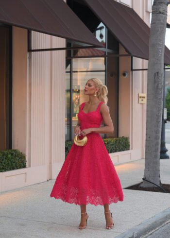 Vestido Midi Rouge Renda Vermelha com Alças Largas