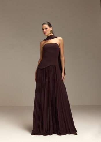 Vestido Longo Plissado Marrom