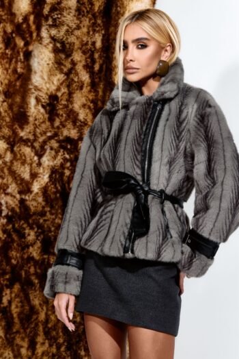 Casaco De Pelo Mescla detalhes em couro