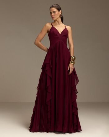 Vestido Longo Plissado Marsala