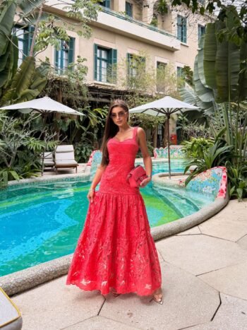 Vestido Maxi Midi de Renda Vermelha Fresh Fiorella