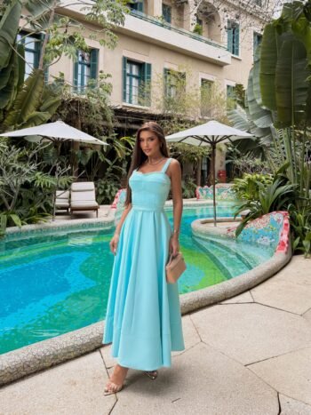 Vestido Midi em Crepe Azul Azzurra Fresh Azzurra
