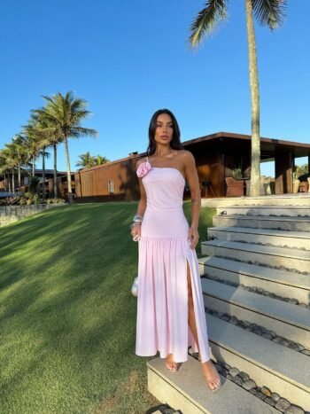 Vestido Midi Um Ombro Só com Flor