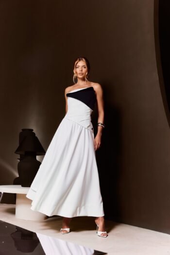 Vestido Midi Alfaiataria Peplum detalhe Bicolor