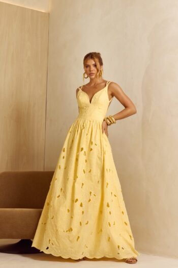 Vestido Longo Voil Bordado Top com Decote