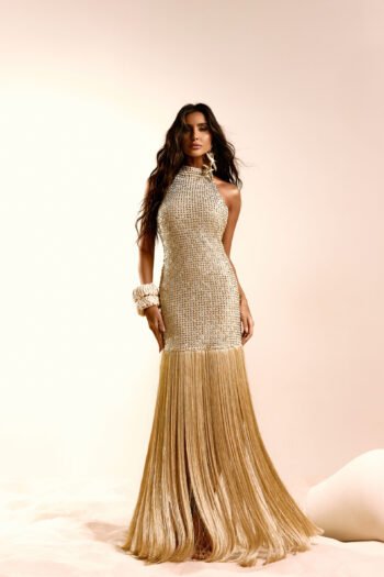 Vestido Paete Frente Única Com Franja Dourado