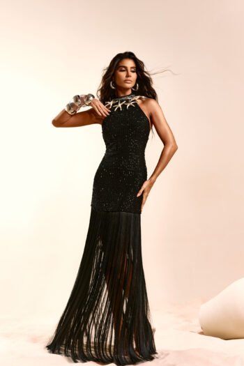 Vestido Paete Frente Única Com Franja Preto