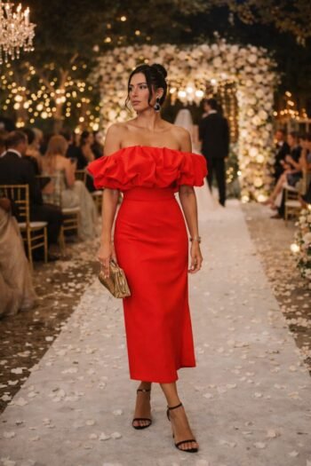 Vestido Midi Sem Alça Detalhe Bufante no Busto Vermelho