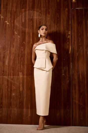 Vestido Mídi Peplum Areia