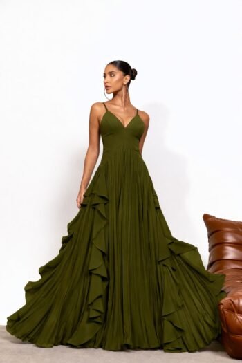 Vestido Longo Plissado Verde oliva