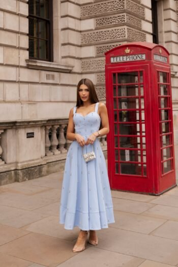 Vestido Midi Azul Serenity com Pedrarias London