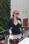 Vestido Curto com Casaco Risca De Giz e Renda Affair
