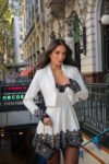 Vestido Curto com Casaco Risca De Giz e Renda Love