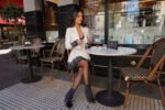 Vestido Curto com Casaco Risca De Giz e Renda Love