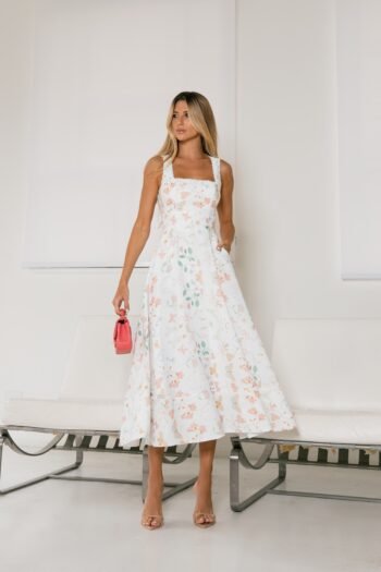 Vestido Midi Off White Estampado Papillon