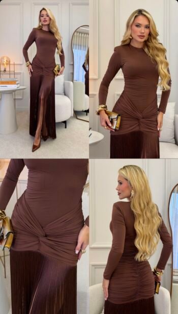 Vestido Longo Malha Jersey com Franjas