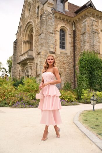 Vestido Chantilly Midi Acinturado de Crepe Alfaiataria Rosa Candy