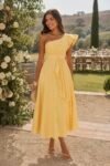 Vestido Midi em Linho Ombro Único Amarelo