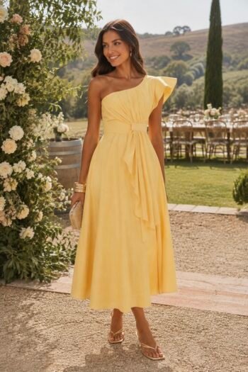 Vestido Midi em Linho Ombro Único Amarelo