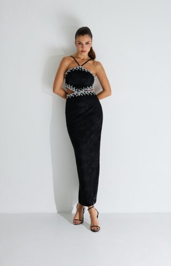 Vestido Magnetic Midi Justo em Tule Bordado Preto com Pedrarias