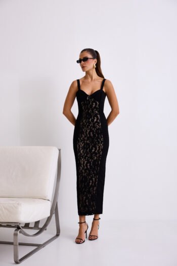 Vestido Sultry Midi Justo em Crepe e Renda Texturizada Preta