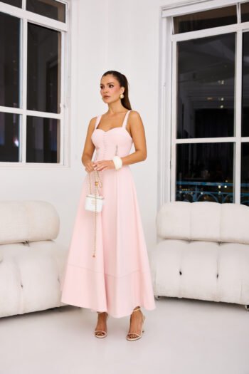 Vestido Tea & Roses Midi Rodado em Crepe Rosa Candy