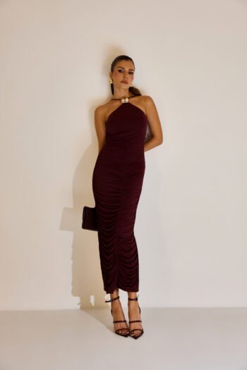 Vestido Guilty Midi Justo em Malha Vinho com Drapeado