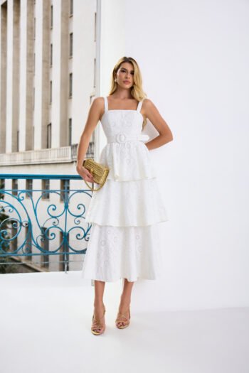 Vestido Porcelain Heart Midi em Laise Off-White com Babados