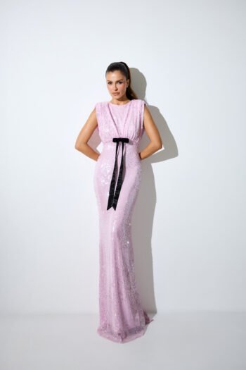 Vestido Longo Paetê Rosa Laço Removível