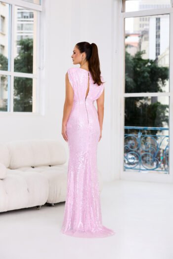 Vestido Longo Paetê Rosa Laço Removível - Foto 2