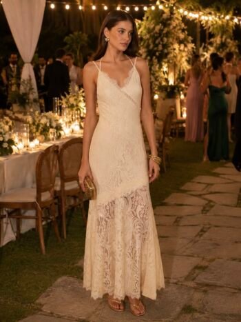 Vestido Maxi Midi Renda - Bege