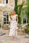 Conjunto Magnólia Cropped e Saia Midi de Crepe Alfaiataria Floral Off White e Azul